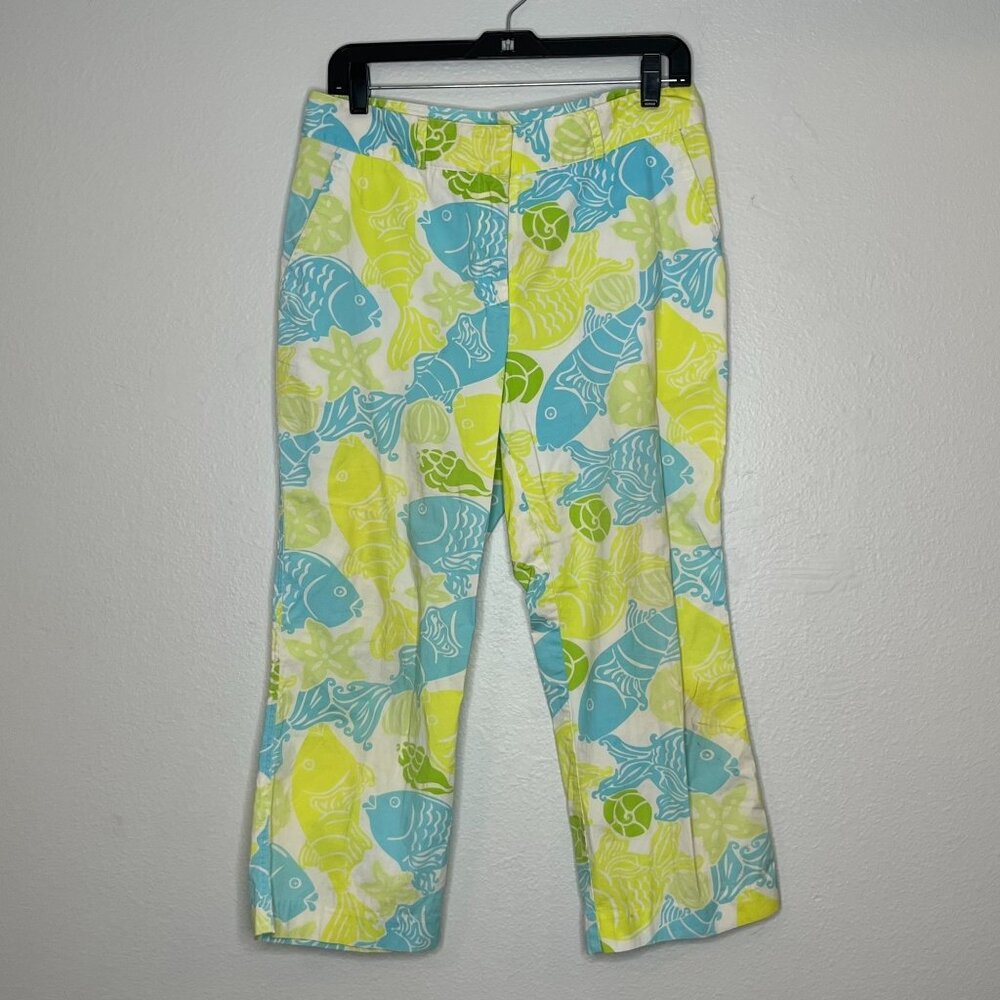 Lilly Pulitzer Vintage Fish Print Glow‎ Crop Pants Green Blue Size 10 Cotton